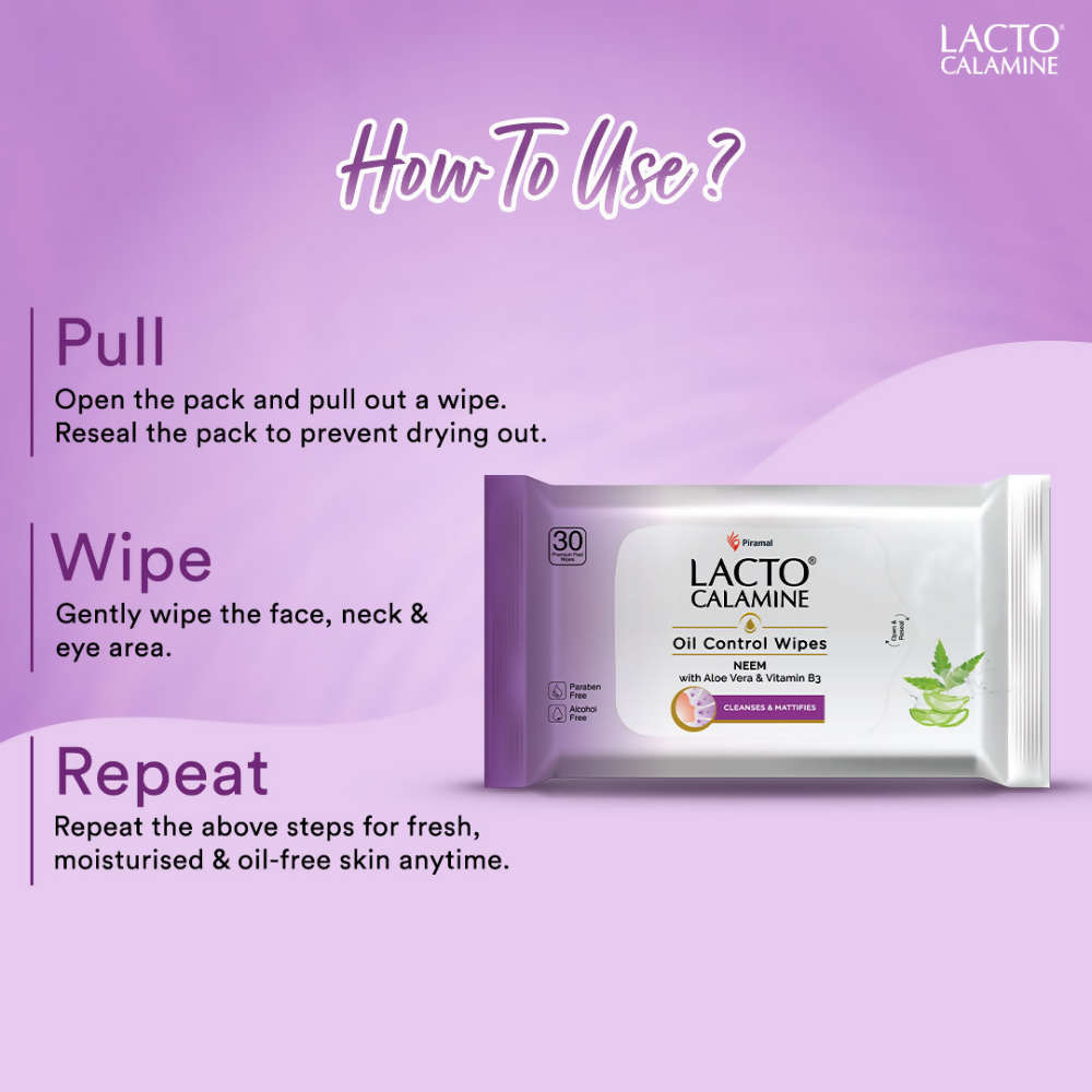 Lacto Calamine Oil Control Face Wipes, Makeup Remover Wipes With Neem & Aloe 30 Usable Wipes - Swadesiicart