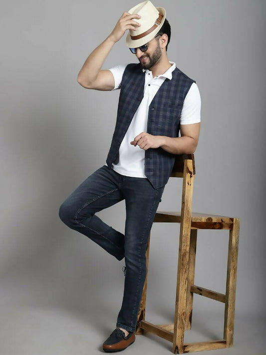 Even Apparels Checked Waistcoat With Welt Pockets - Navy Blue | Swadesiicart