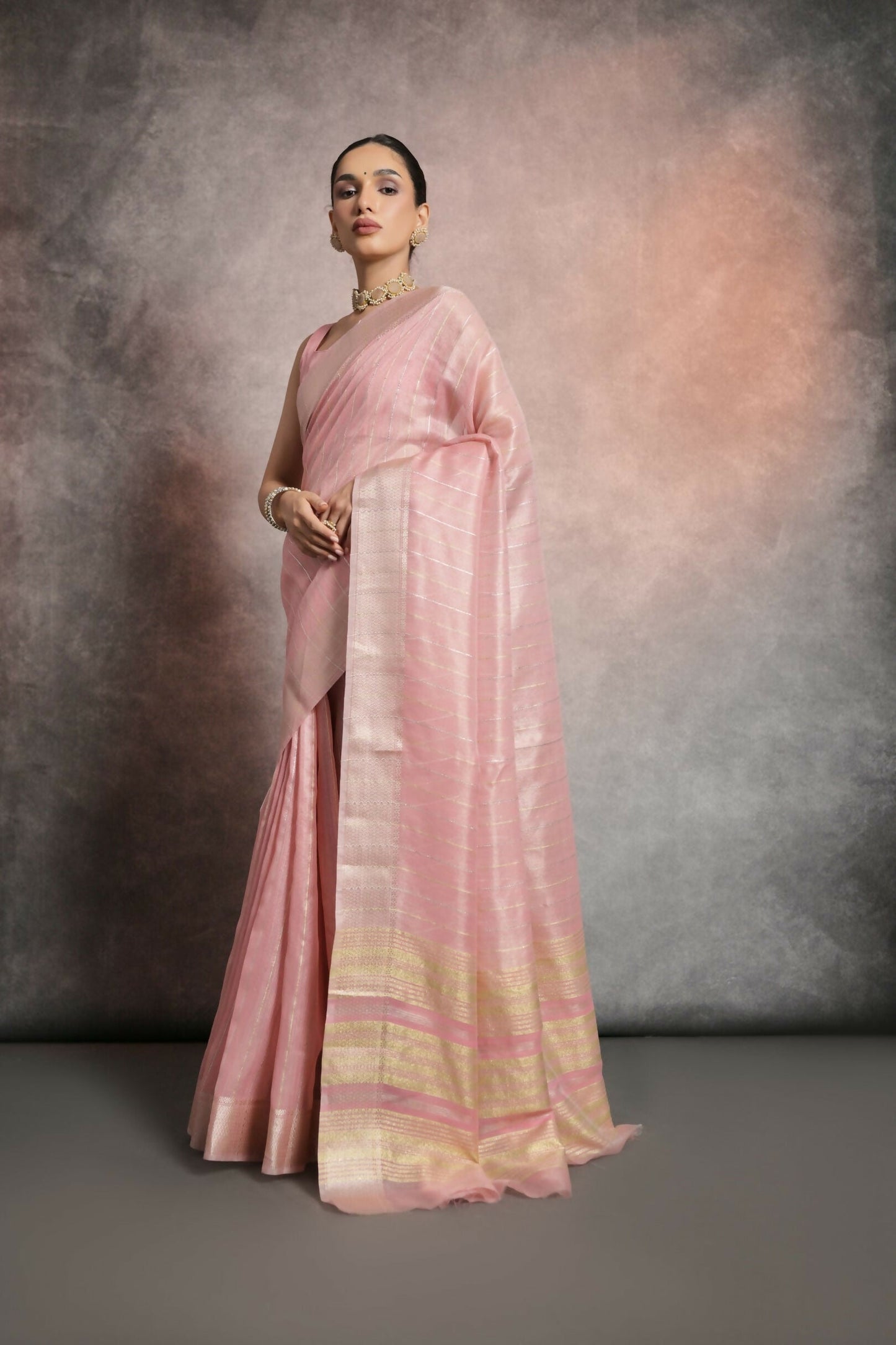 Vishnu Weaves Women's Pink Tissue Linen Zari Woven Saree with Blouse - Swadesiicart