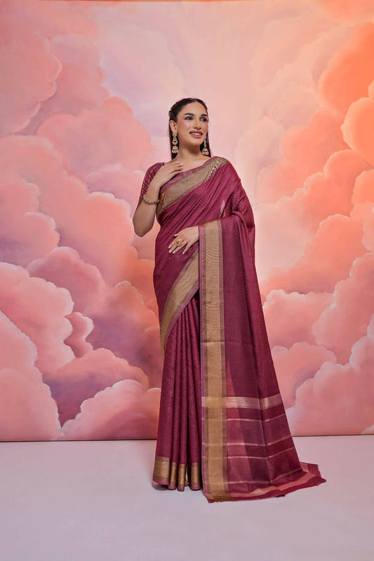 Vishnu Weaves Women's Maroon Cotton Self Weaving Saree with Blouse - Swadesiicart