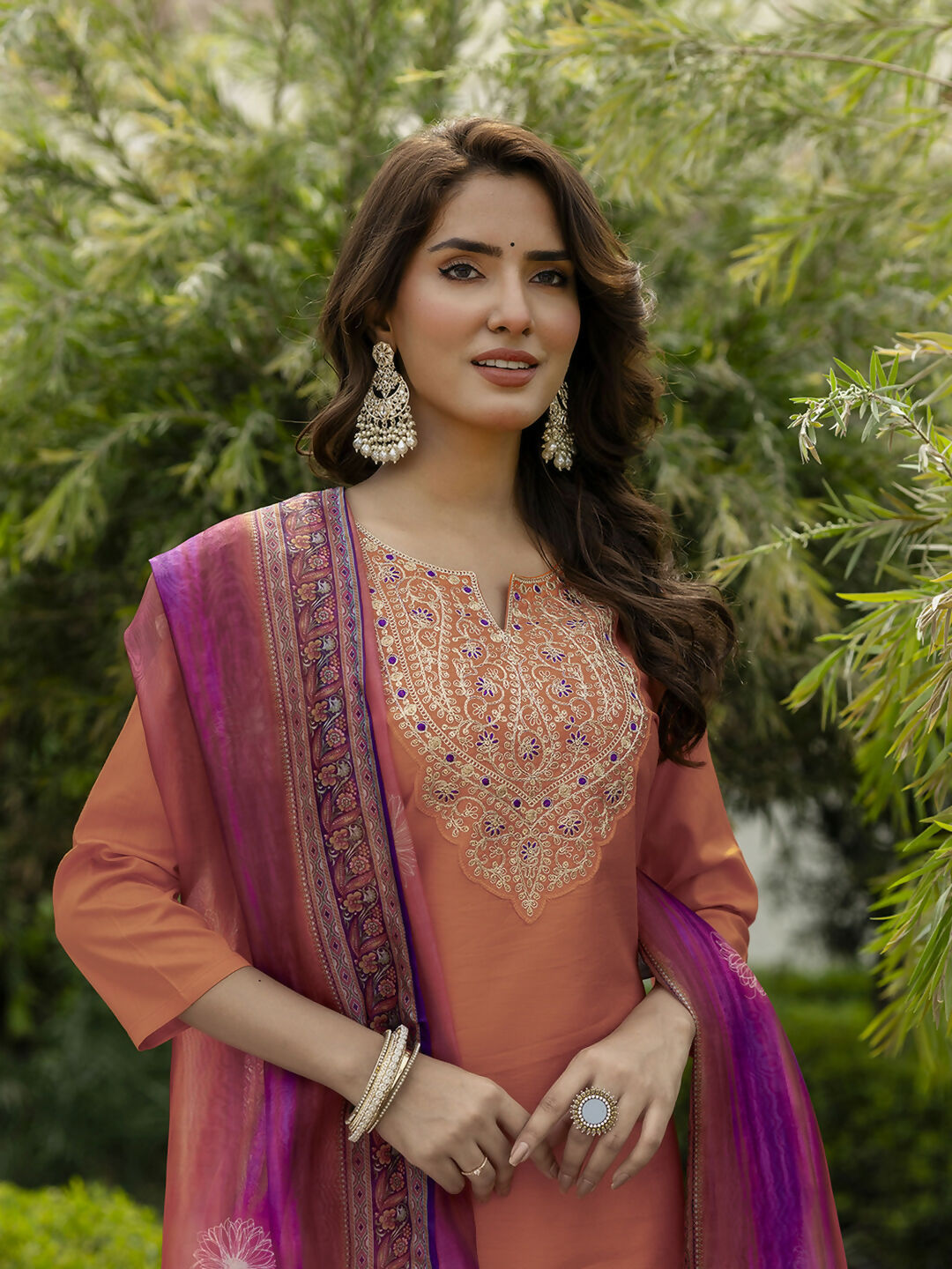 The52 Orange Women's Gorgeous Embroidered Rayon Fabric with Straight Kurta, Pant and Dupatta Set - Swadesiicart