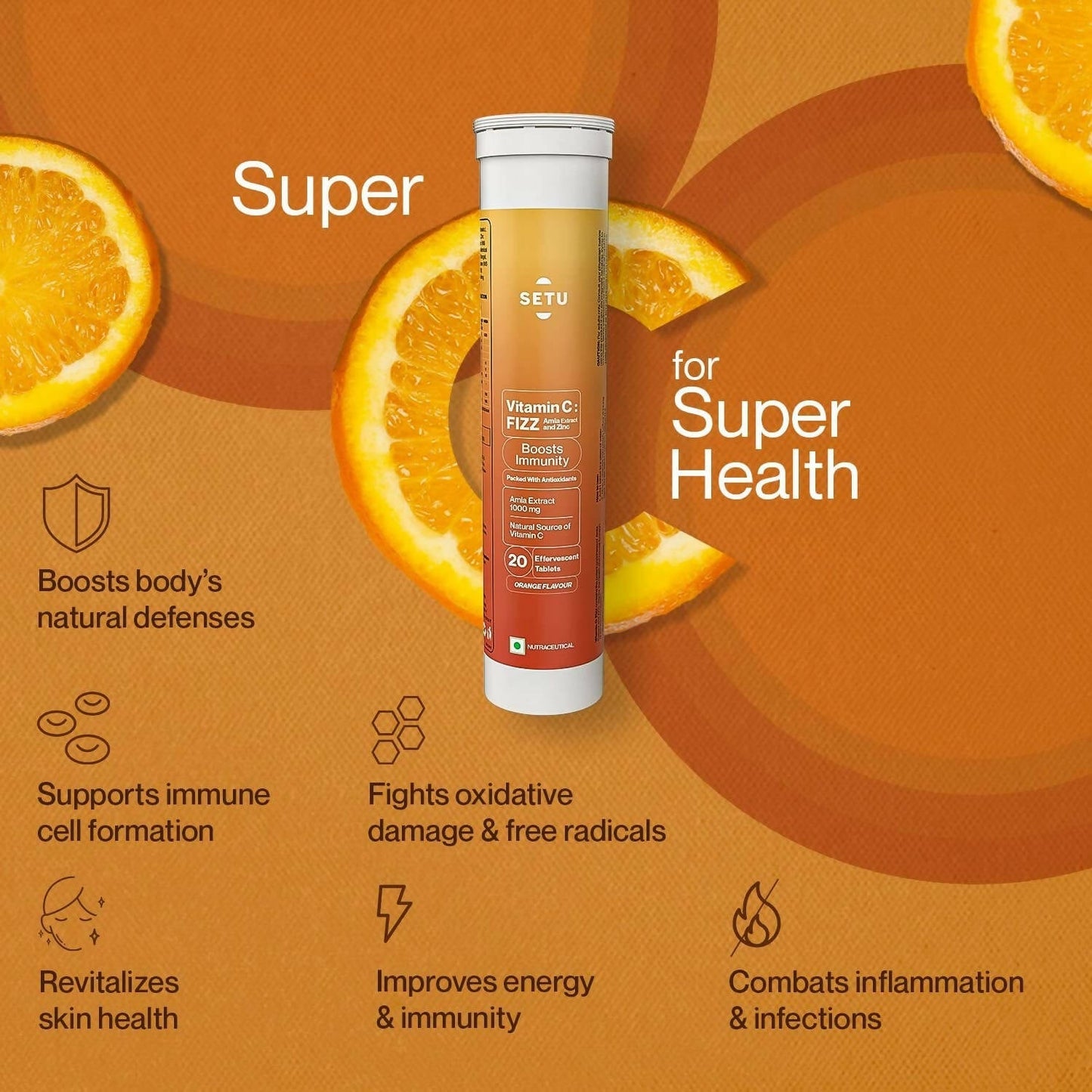 Setu Vitamin C: Fizz - 20 Effervescent Tablets - Swadesiicart