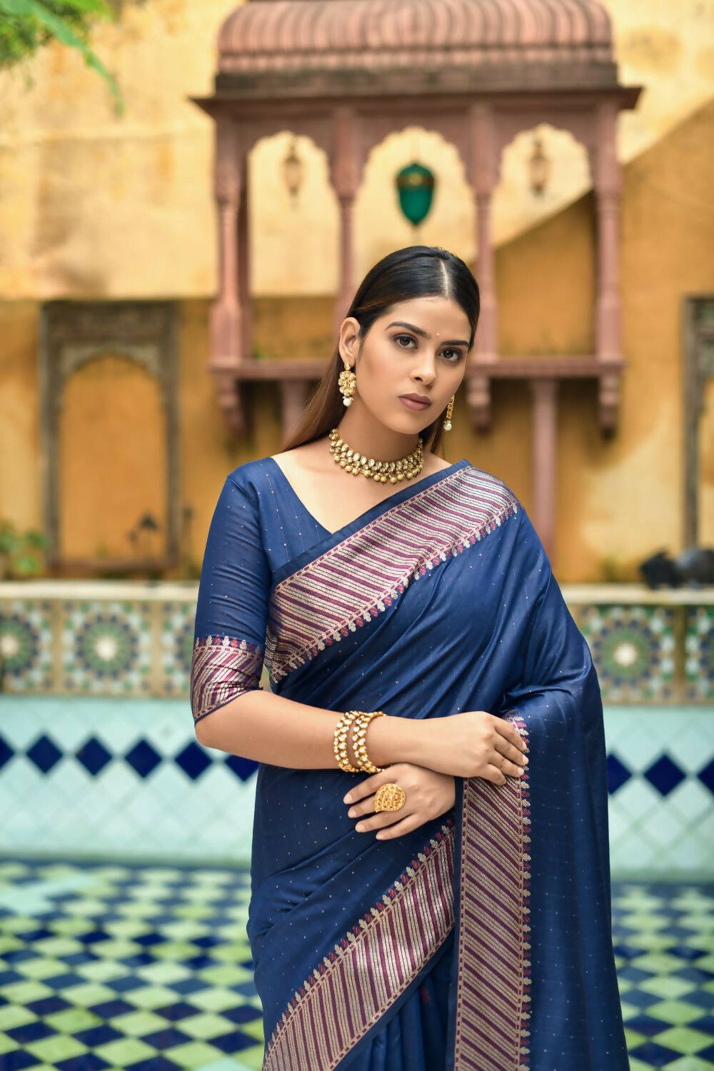 Vishnu Weaves Women's Blue Cotton Silk Zari Woven Butta Work Saree with Blouse - Swadesiicart