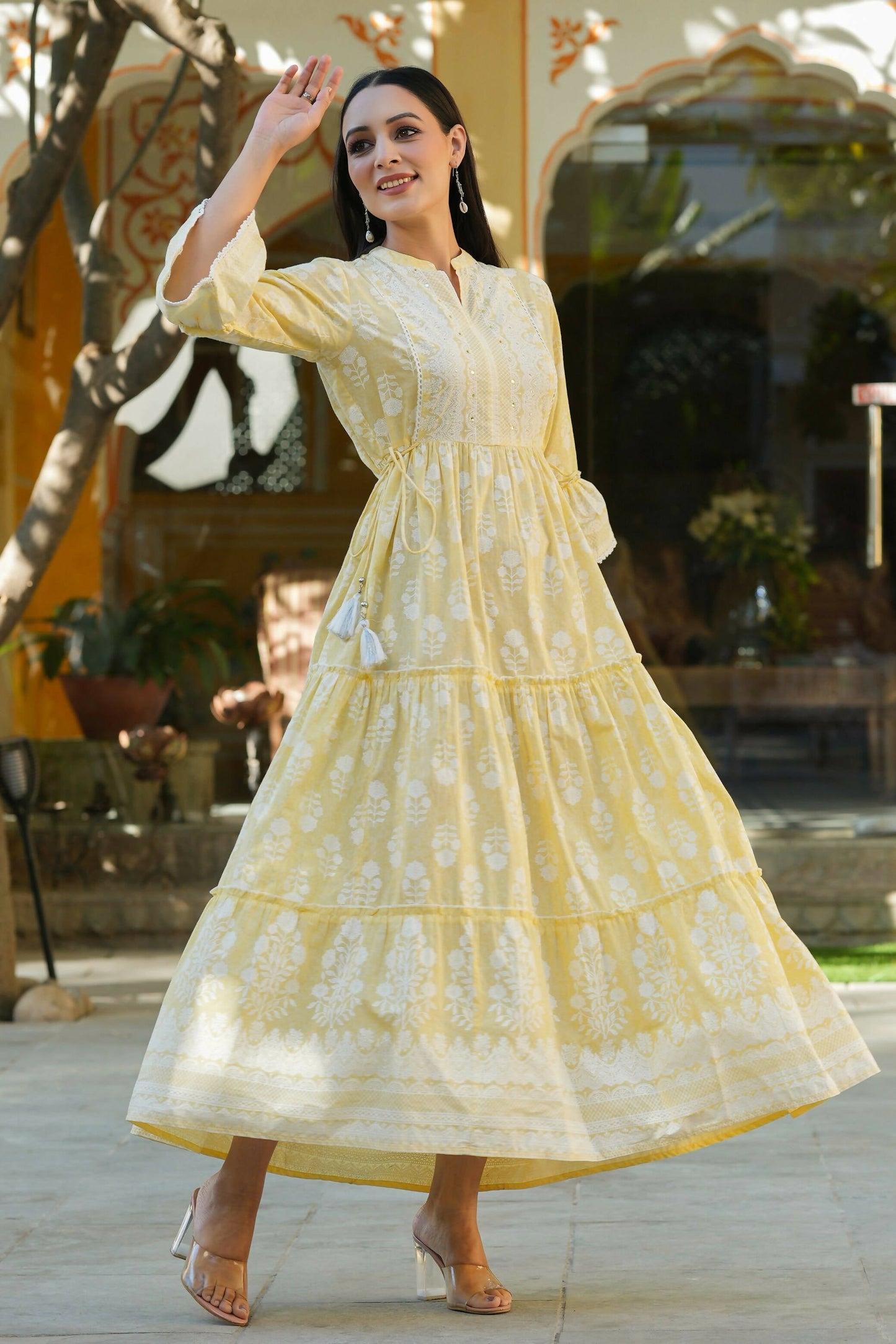 Juniper Women's Lemon Yellow Printed Teired Dress | Swadesiicart