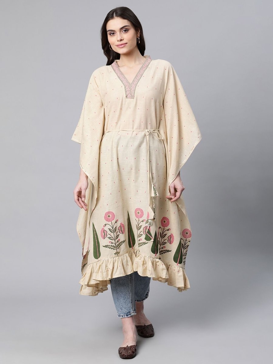 Ahalyaa Women Beige Pure Cotton Floral Printed Kaftan Kurta | Swadesiicart