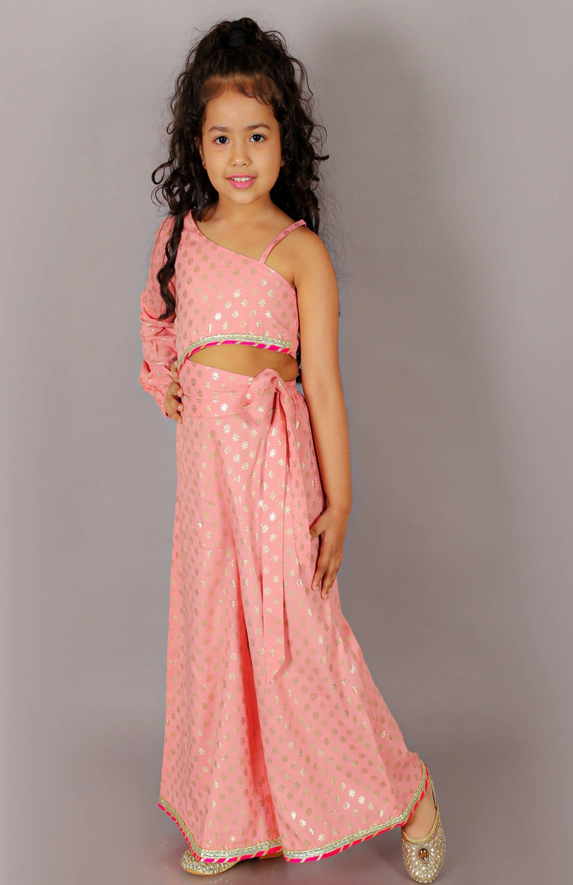 Lil Drama Fusion Fair Girls Peach Crop Top With Palazzo Co-Ordinate Set - Swadesiicart
