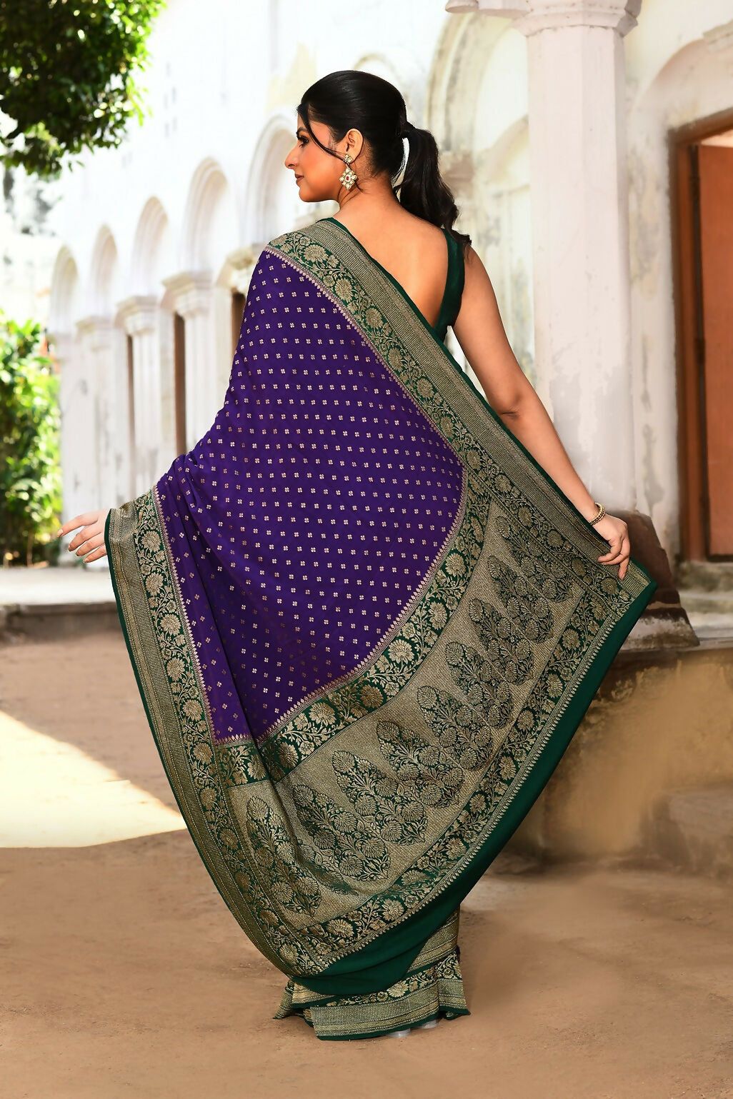 Joban Fashion Purple Crepe Chiffon Pure Handloom Banarasi Silk Saree | Swadesiicart