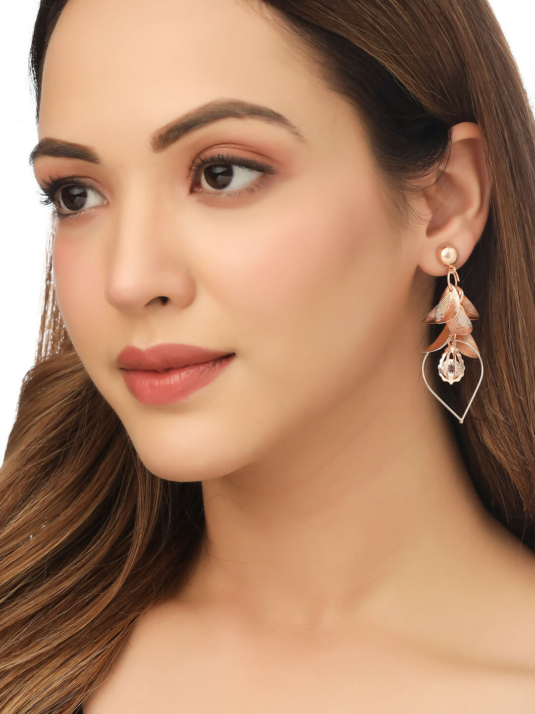 NVR Women Rose Gold Leaf Shaped Drop Earrings | Swadesiicart