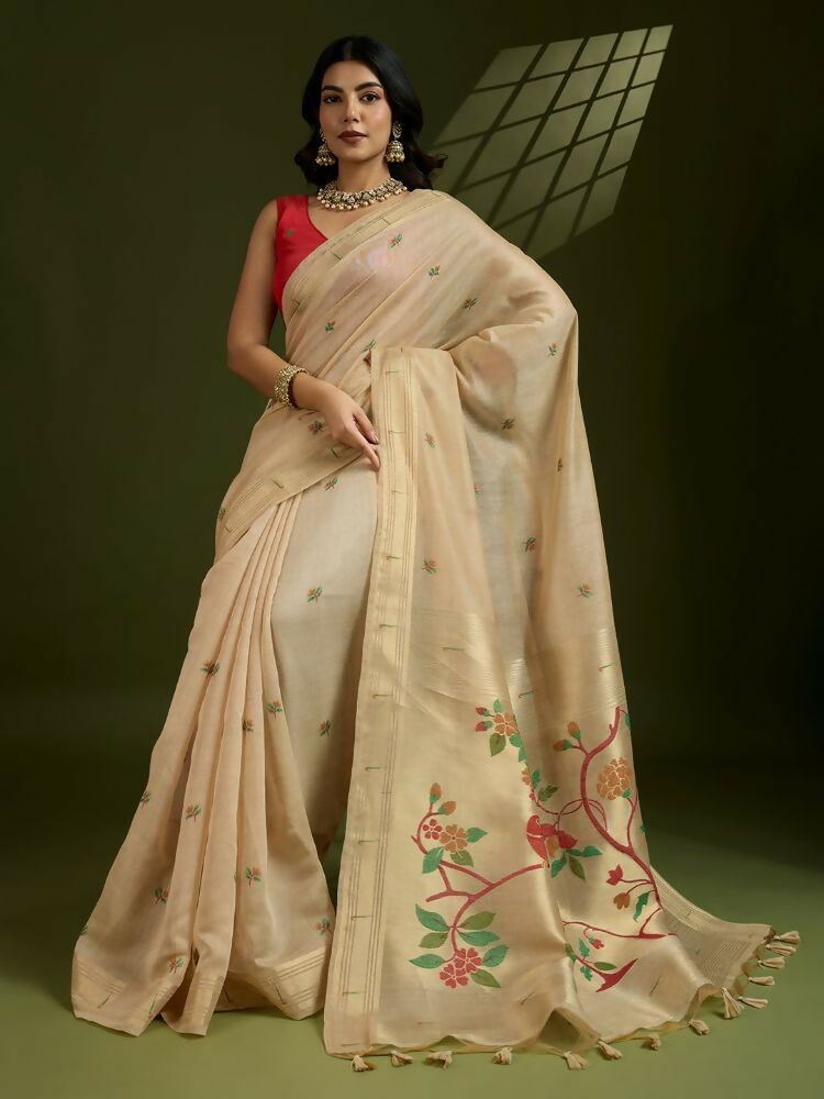Vishnu Weaves Women's Chiku Muga Cotton Thread Woven Butti with Blouse - Swadesiicart