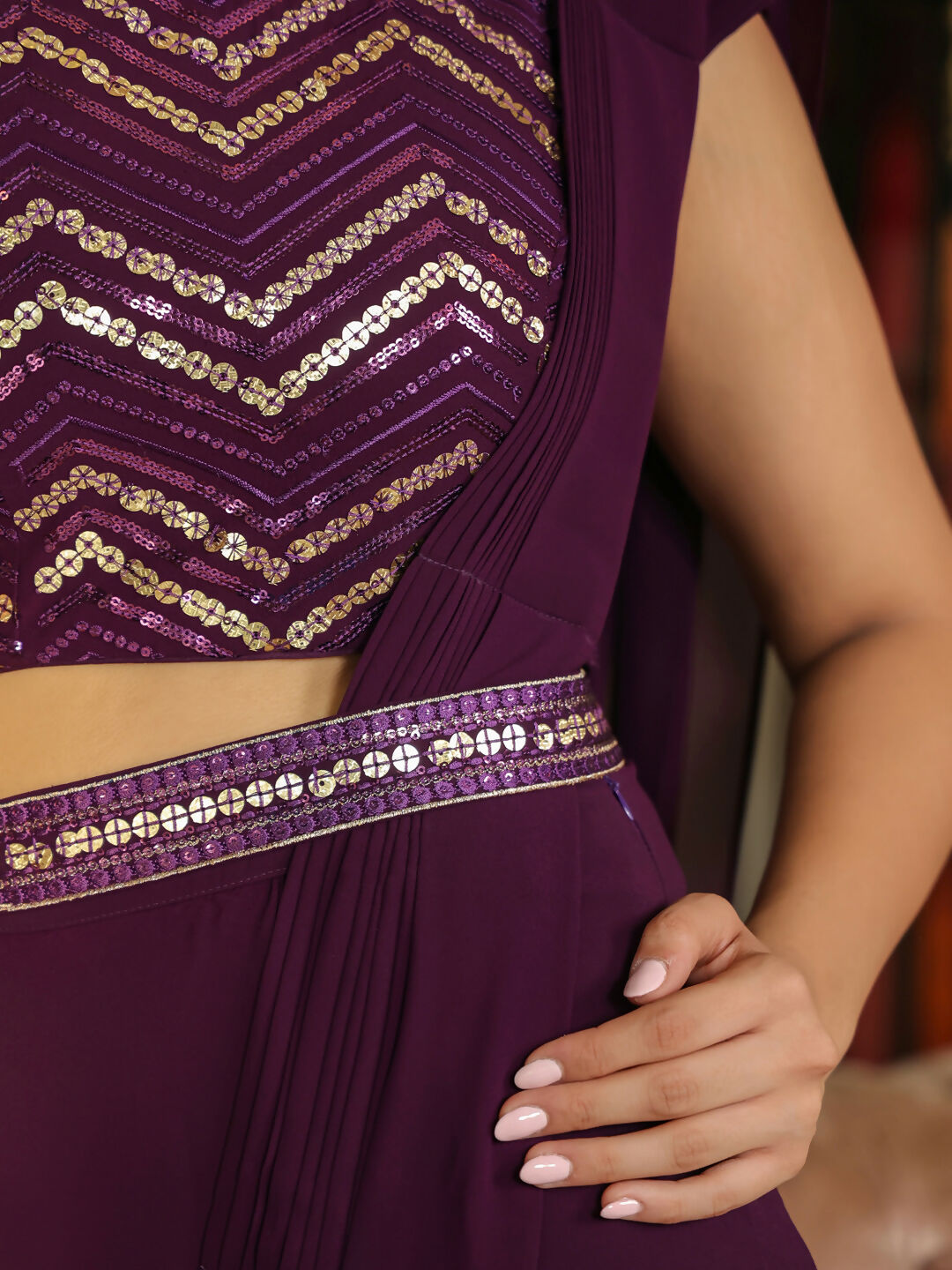 Janasya Purple Georgette Sequined Saree and Blouse | Swadesiicart