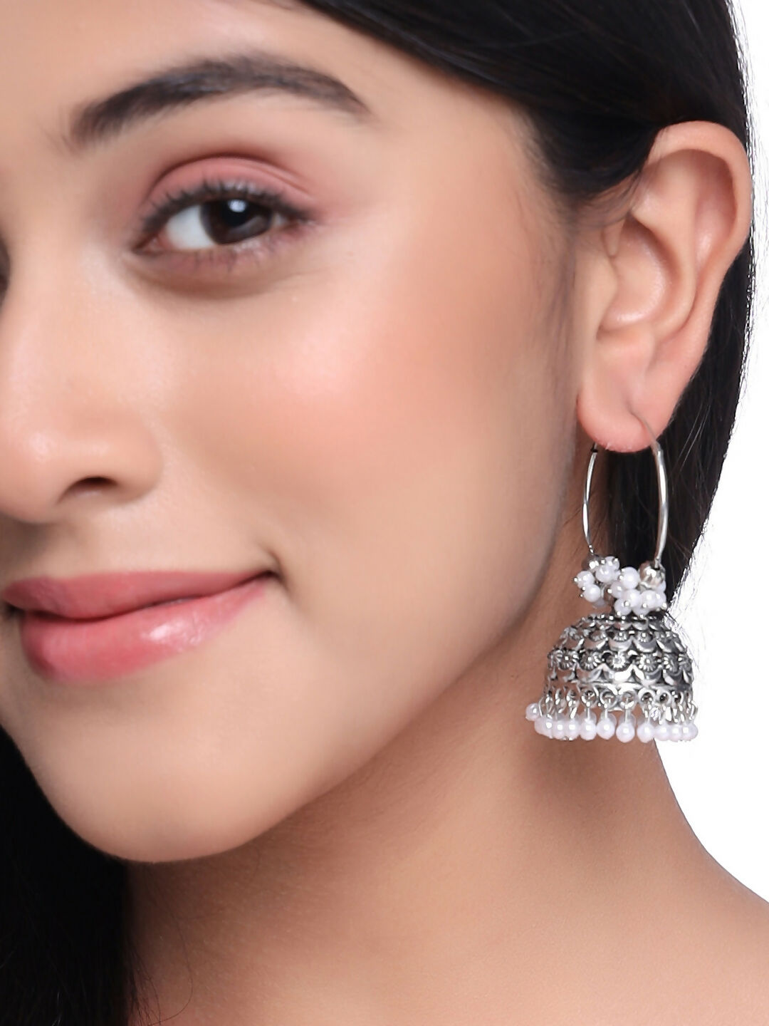 NVR Women's Silver Toned Dome Shaped Jhumkas Earrings | Swadesiicart