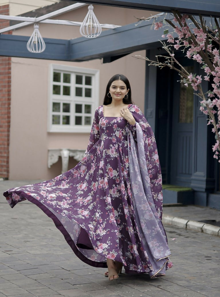 Jyoti Fashion Women's Wine Faux Georgette Floral Digital Printed Anarkali Dress with Dupatta | Swadesiicart