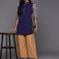 Ahalyaa Blue & Gold-Toned Mandarin Collar Printed Tunic - Blue Color | Swadesiicart