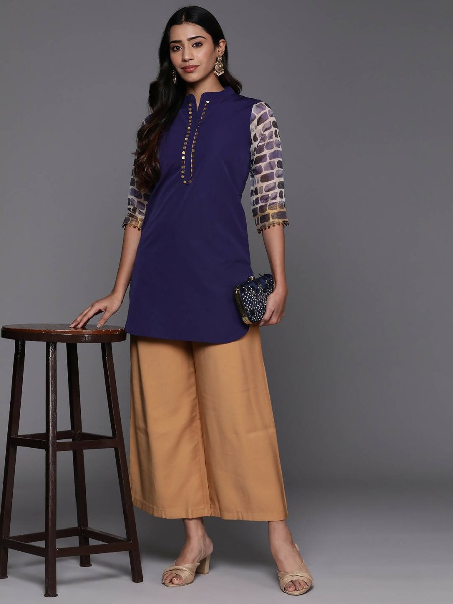 Ahalyaa Blue & Gold-Toned Mandarin Collar Printed Tunic - Blue Color | Swadesiicart