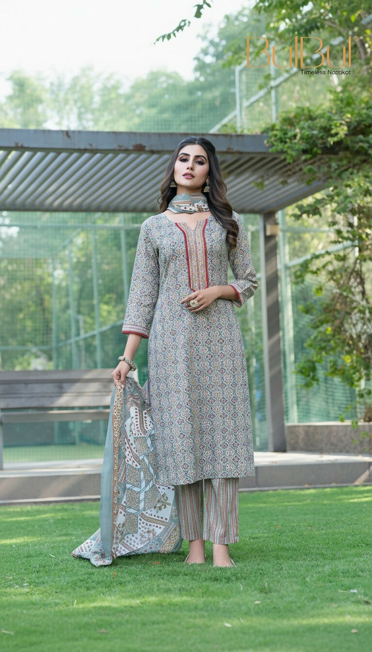 BulBul Fashionista Cotton Grey Kurta Set with Dupatta - Swadesiicart