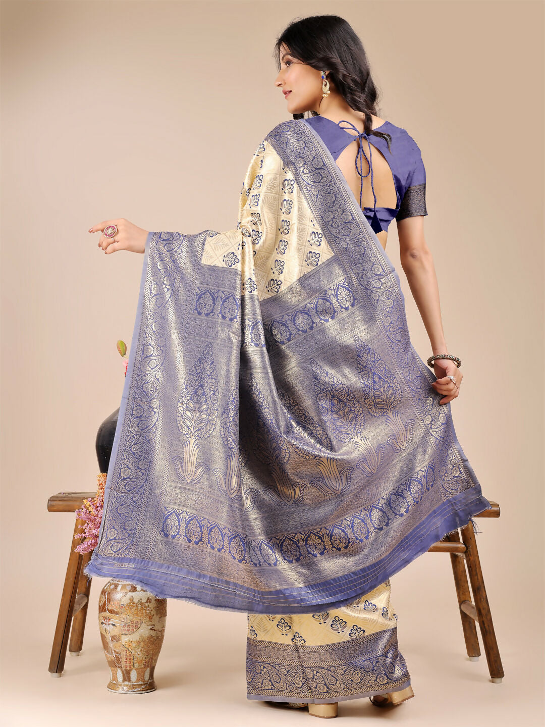 Astita Aura Silk Cream Navy Blue Banarasi Silk Saree | Swadesiicart