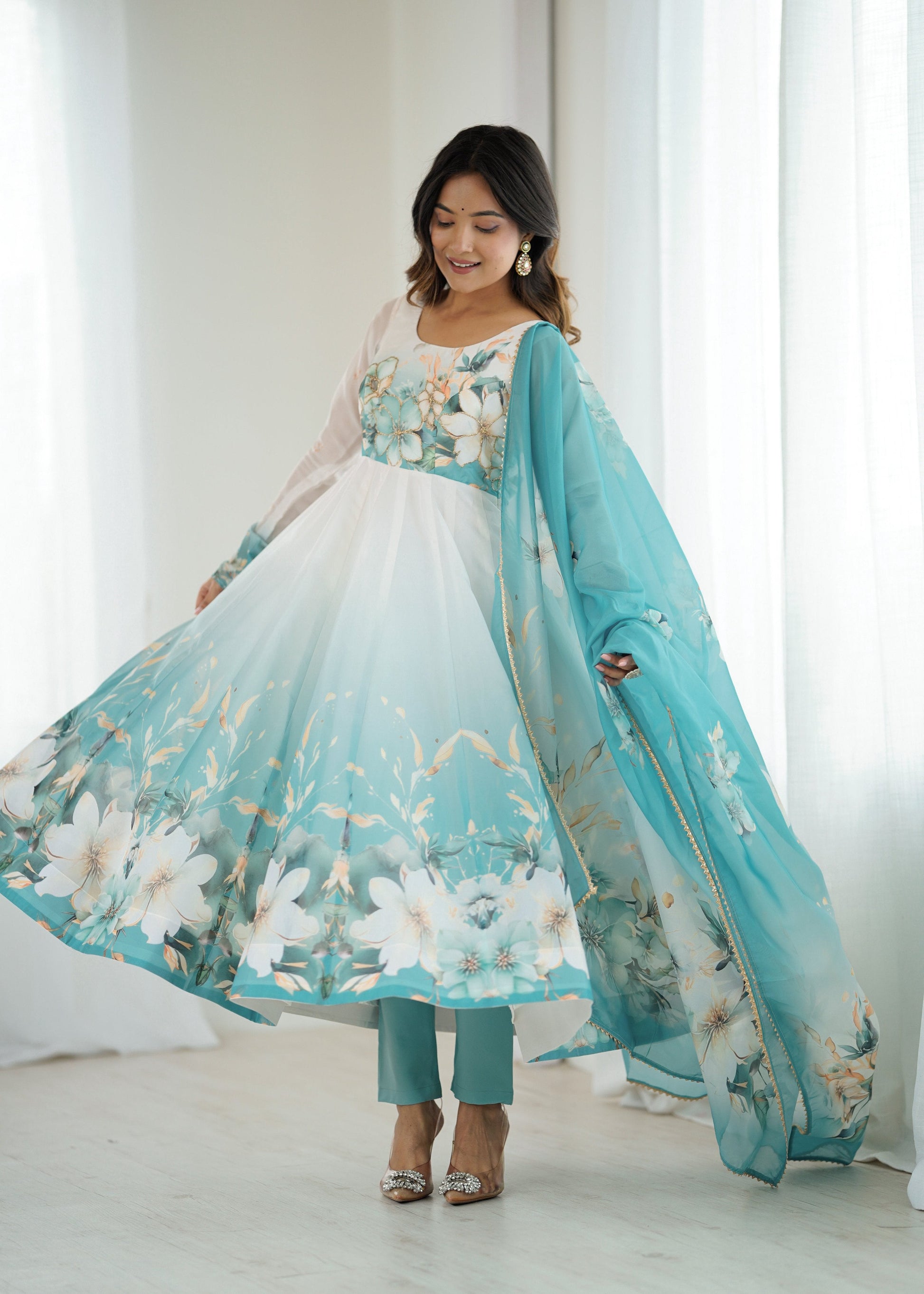 Lorenvalley Fashion Soft Organza Silk Front On Fancy Badla Jari Work Flower Position Print Outing Work Anarkali Kurta Pant With Dupatta Set - Swadesiicart