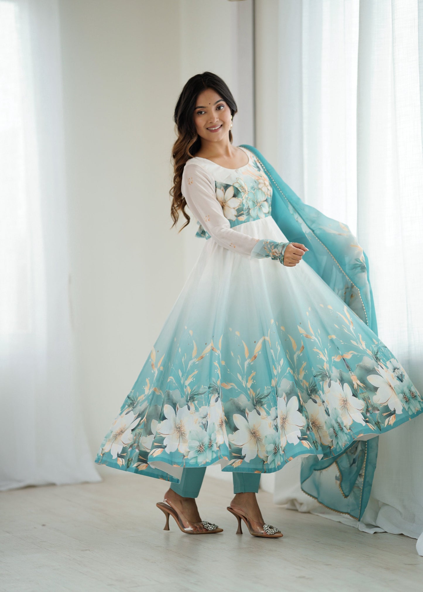 Lorenvalley Fashion Soft Organza Silk Front On Fancy Badla Jari Work Flower Position Print Outing Work Anarkali Kurta Pant With Dupatta Set - Swadesiicart