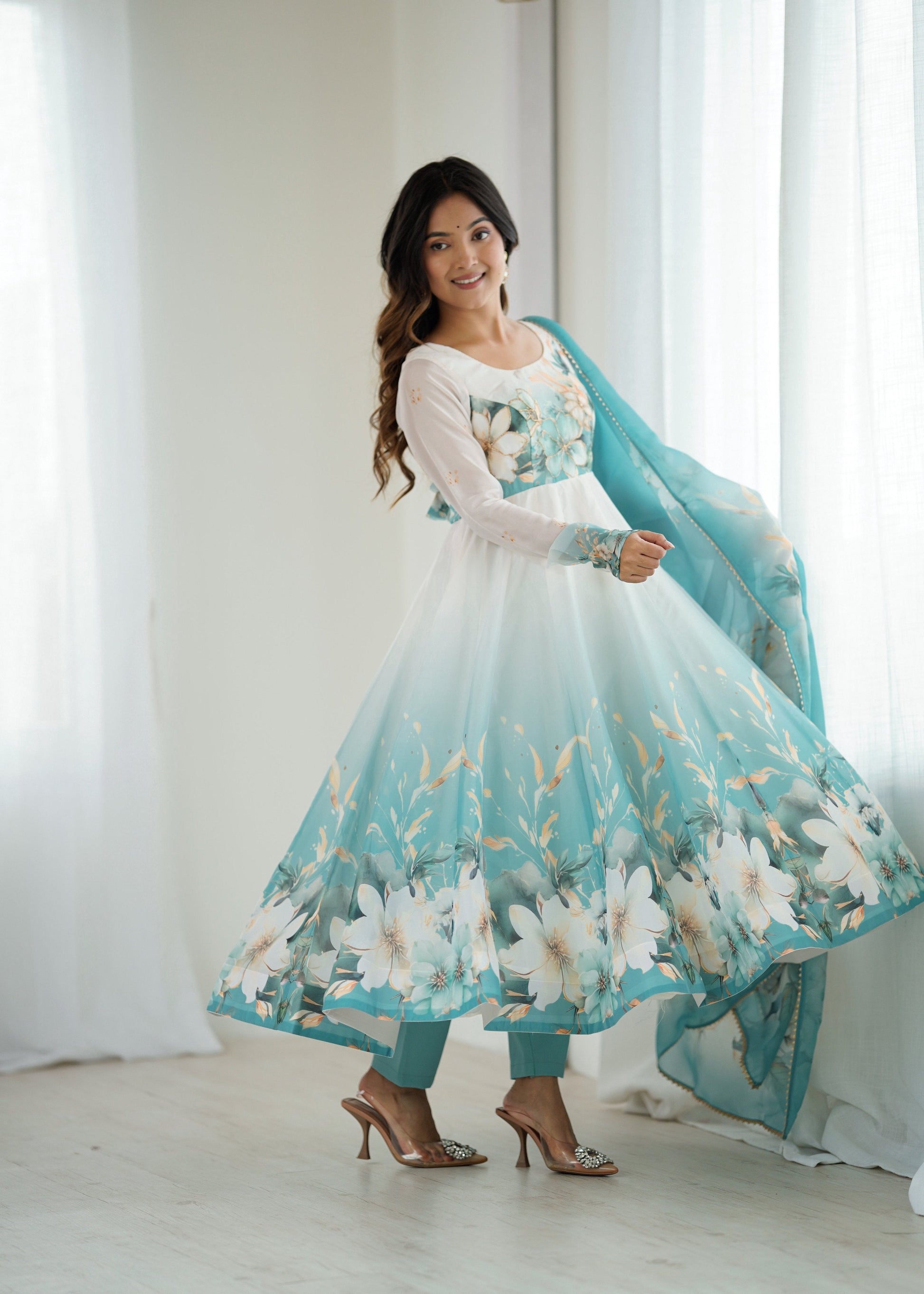 Lorenvalley Fashion Soft Organza Silk Front On Fancy Badla Jari Work Flower Position Print Outing Work Anarkali Kurta Pant With Dupatta Set - Swadesiicart