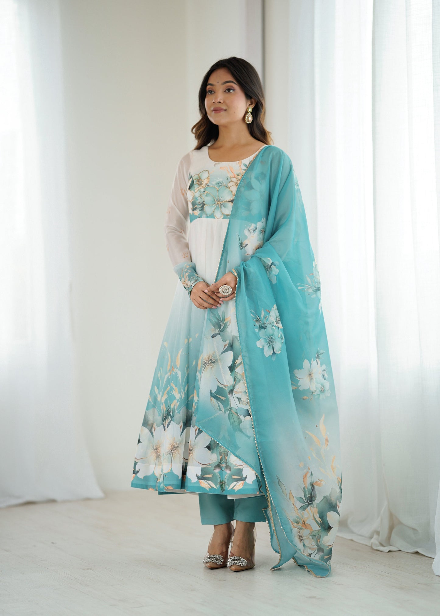 Lorenvalley Fashion Soft Organza Silk Front On Fancy Badla Jari Work Flower Position Print Outing Work Anarkali Kurta Pant With Dupatta Set - Swadesiicart