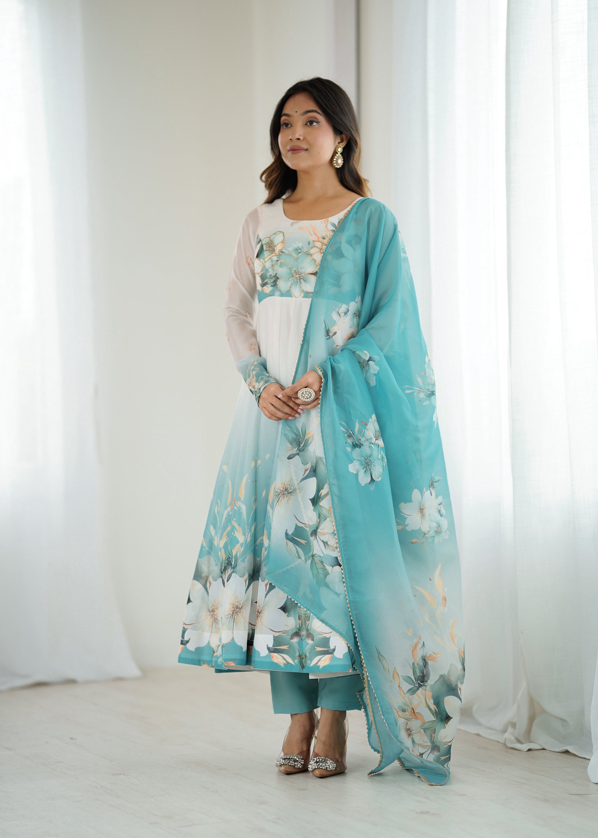 Lorenvalley Fashion Soft Organza Silk Front On Fancy Badla Jari Work Flower Position Print Outing Work Anarkali Kurta Pant With Dupatta Set - Swadesiicart