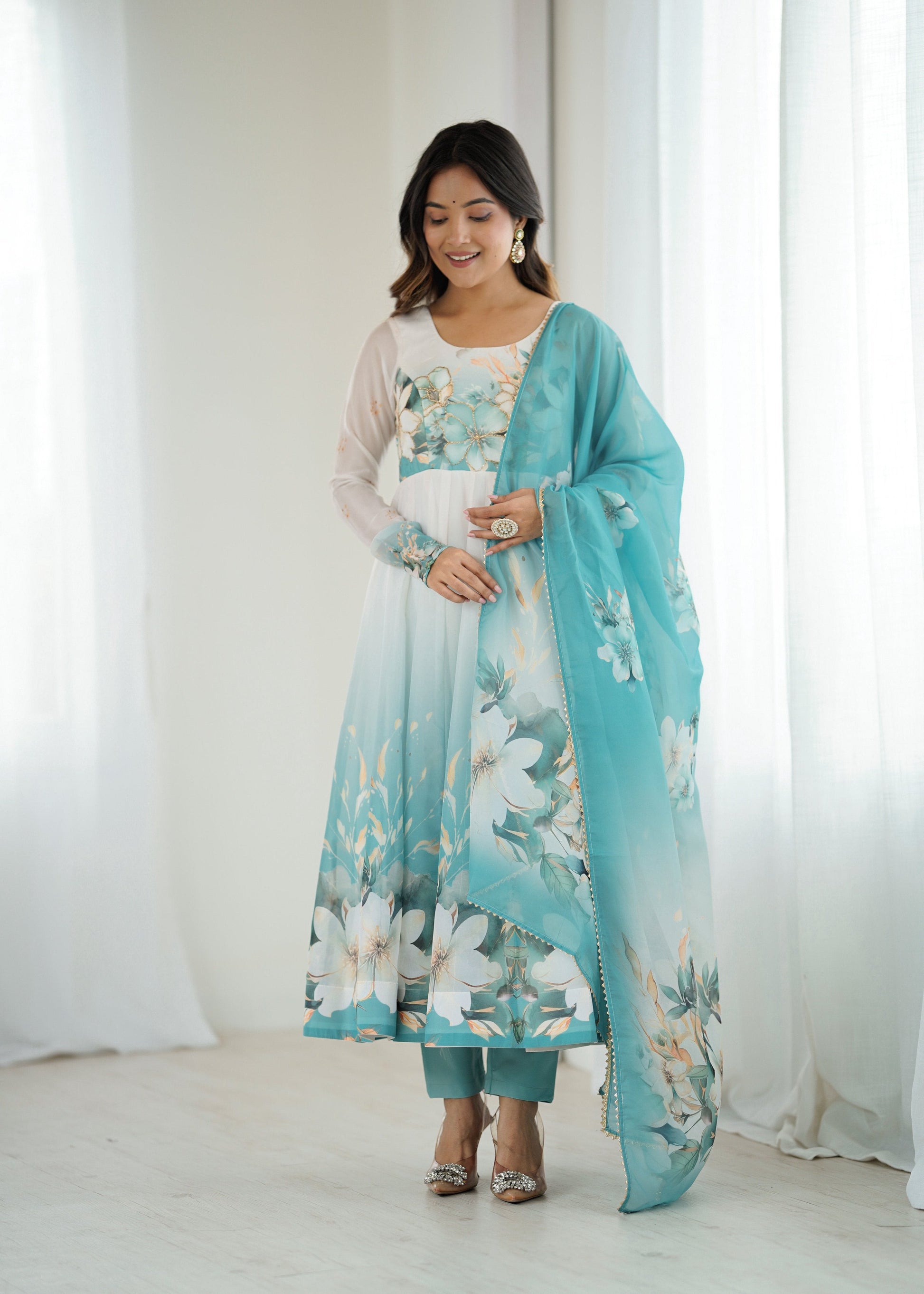 Lorenvalley Fashion Soft Organza Silk Front On Fancy Badla Jari Work Flower Position Print Outing Work Anarkali Kurta Pant With Dupatta Set - Swadesiicart
