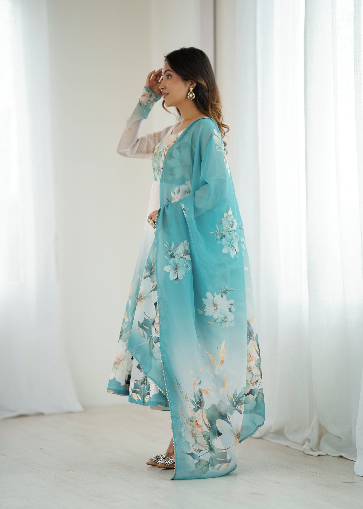 Lorenvalley Fashion Soft Organza Silk Front On Fancy Badla Jari Work Flower Position Print Outing Work Anarkali Kurta Pant With Dupatta Set - Swadesiicart