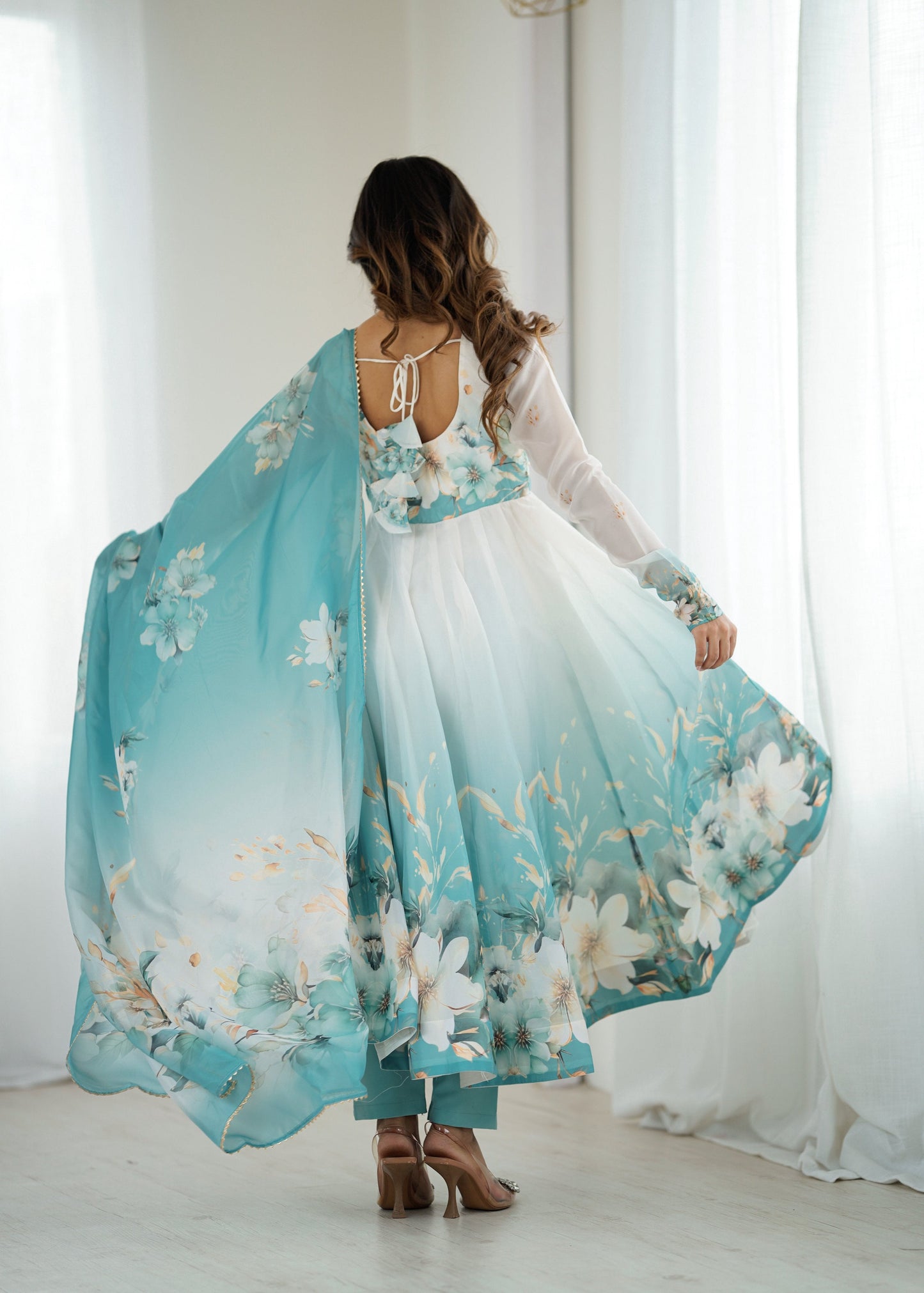 Lorenvalley Fashion Soft Organza Silk Front On Fancy Badla Jari Work Flower Position Print Outing Work Anarkali Kurta Pant With Dupatta Set - Swadesiicart