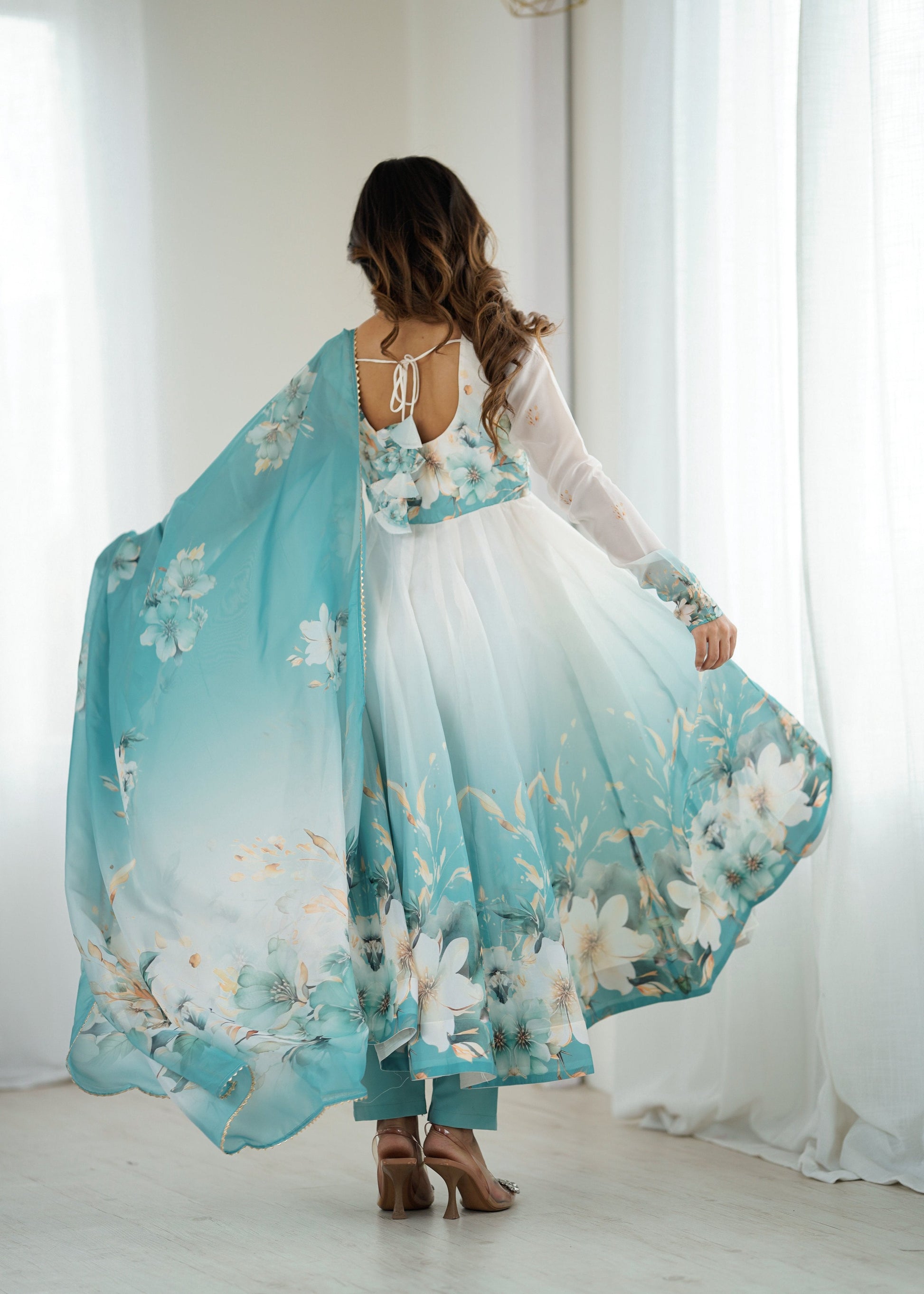 Lorenvalley Fashion Soft Organza Silk Front On Fancy Badla Jari Work Flower Position Print Outing Work Anarkali Kurta Pant With Dupatta Set - Swadesiicart