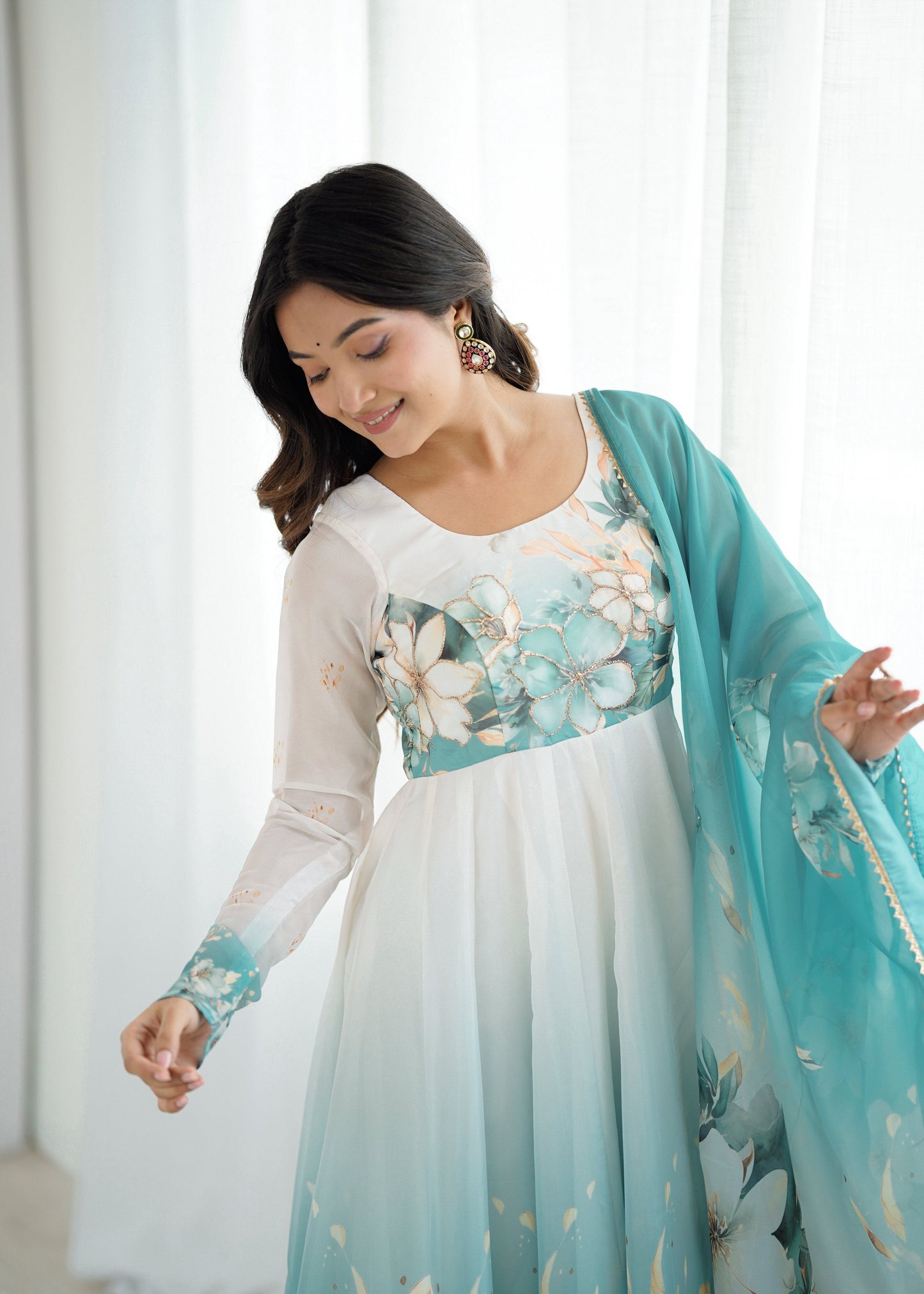 Lorenvalley Fashion Soft Organza Silk Front On Fancy Badla Jari Work Flower Position Print Outing Work Anarkali Kurta Pant With Dupatta Set - Swadesiicart