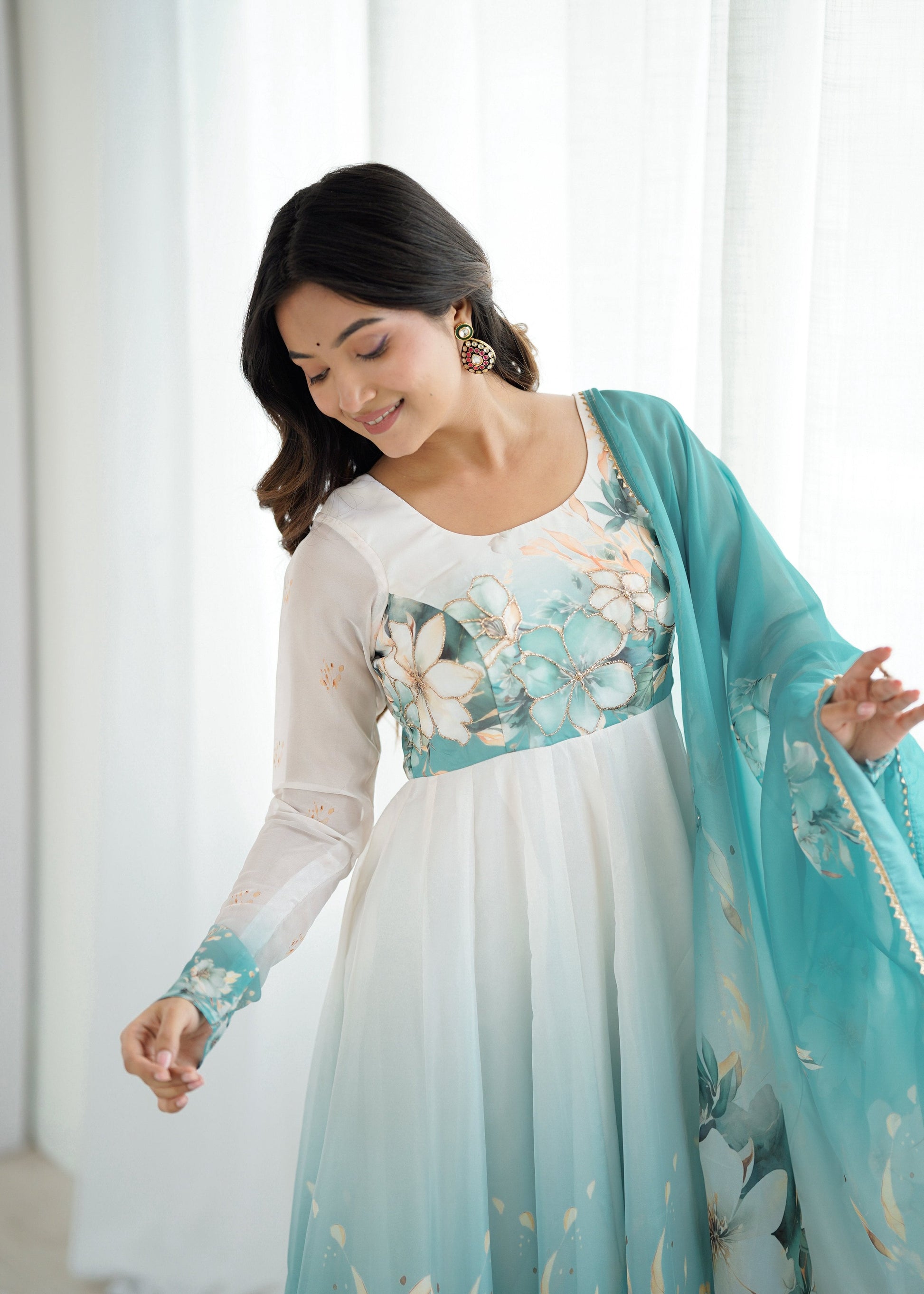 Lorenvalley Fashion Soft Organza Silk Front On Fancy Badla Jari Work Flower Position Print Outing Work Anarkali Kurta Pant With Dupatta Set - Swadesiicart