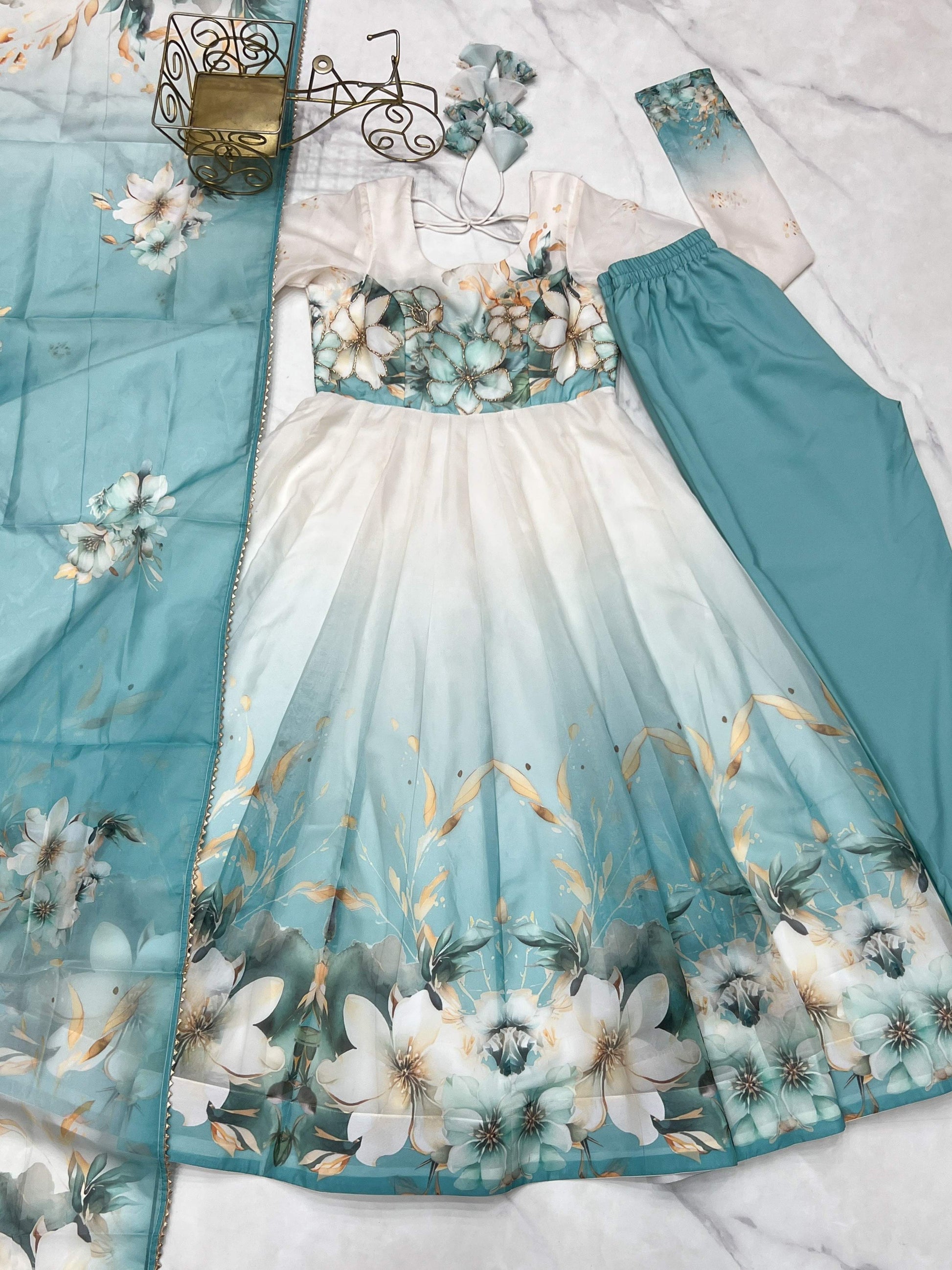 Lorenvalley Fashion Soft Organza Silk Front On Fancy Badla Jari Work Flower Position Print Outing Work Anarkali Kurta Pant With Dupatta Set - Swadesiicart