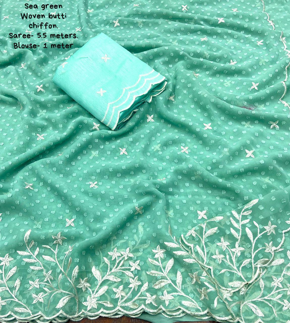 Sky Pure Chiffon Woven Design Saree with Unstitched Blouse - Hiral Fashion | Swadesiicart