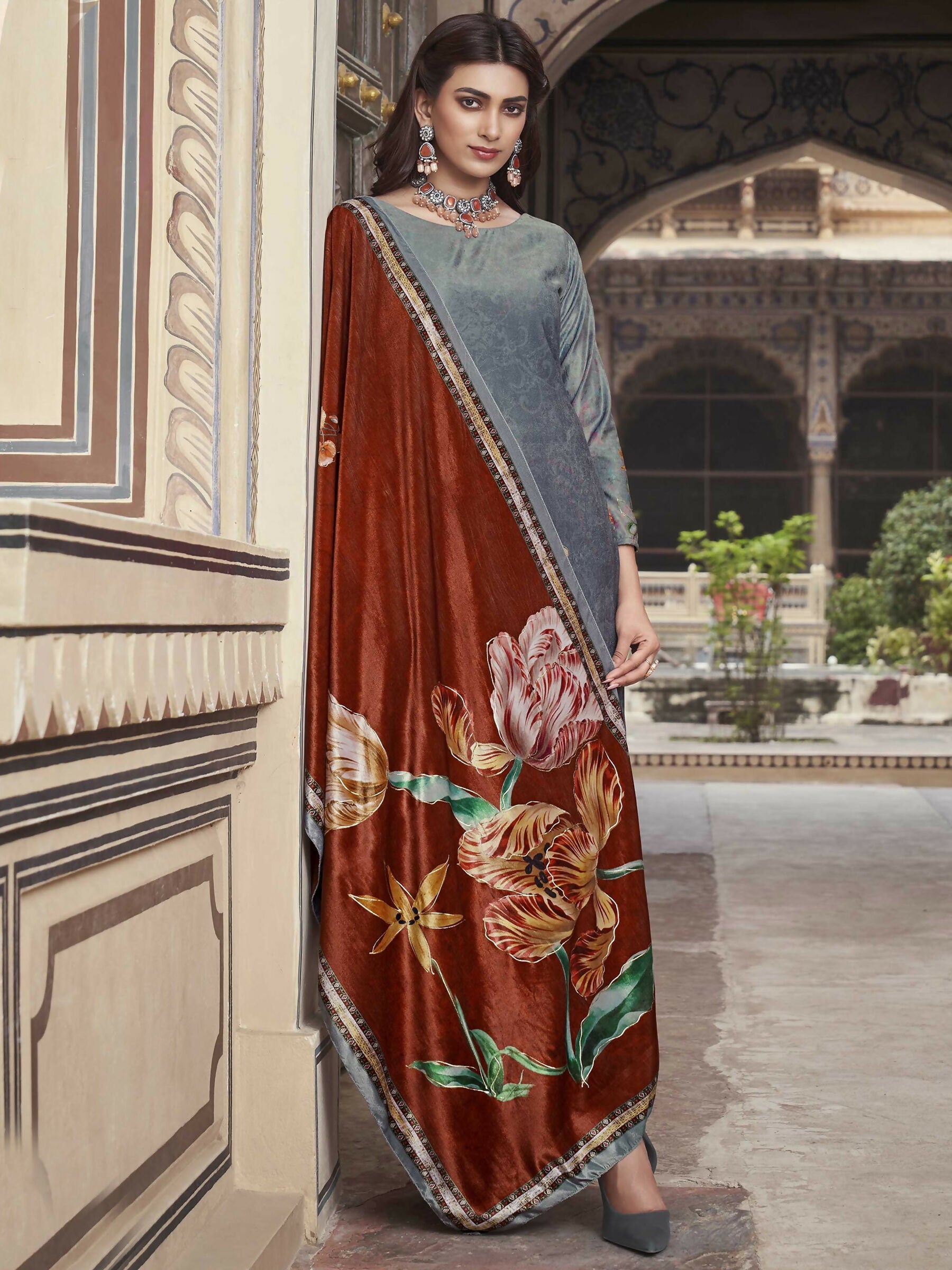 Jyoti Fashion Women's Grey Velvet Floral Digital Printed Kurta with Trouser & Dupatta | Swadesiicart