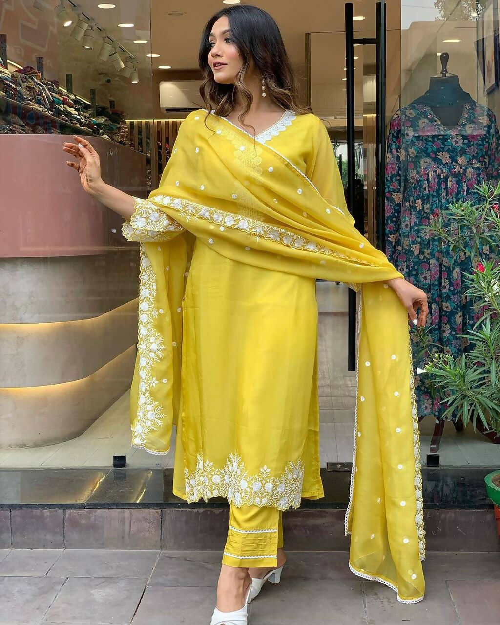 The52 Yellow Women's Gorgeous Embroidered Georgette Fabric Straight Kurta Pant with Dupatta Set - Swadesiicart