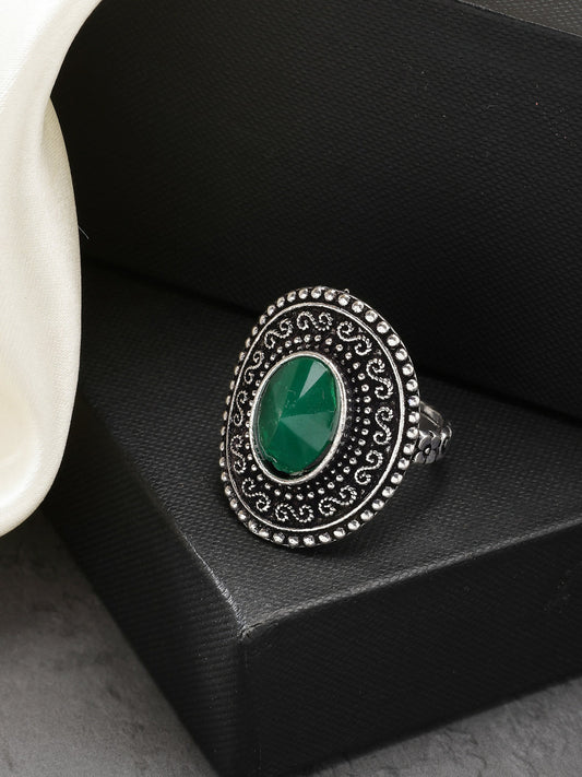 NVR Women's Green Silver-Toned German Silver Adjustable Finger Ring | Swadesiicart