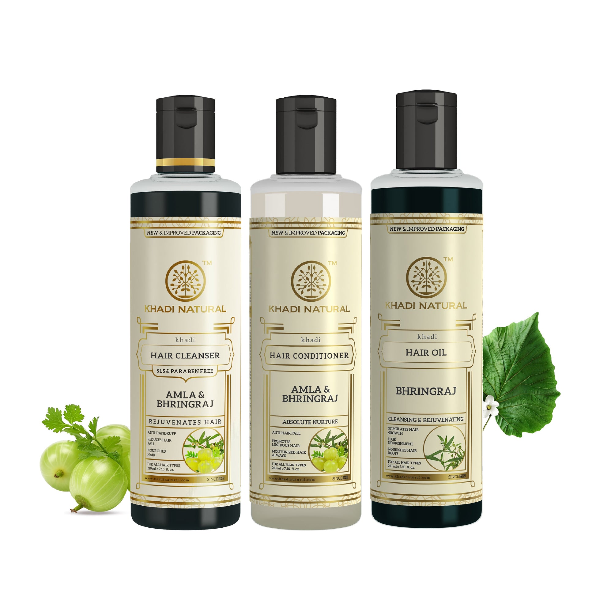 Khadi Natural  Amla & Bhringraj Hair Care Cleanser, Conditioner & Oil – SLS & Paraben Free Combo Pack of 3 - 210ml Each