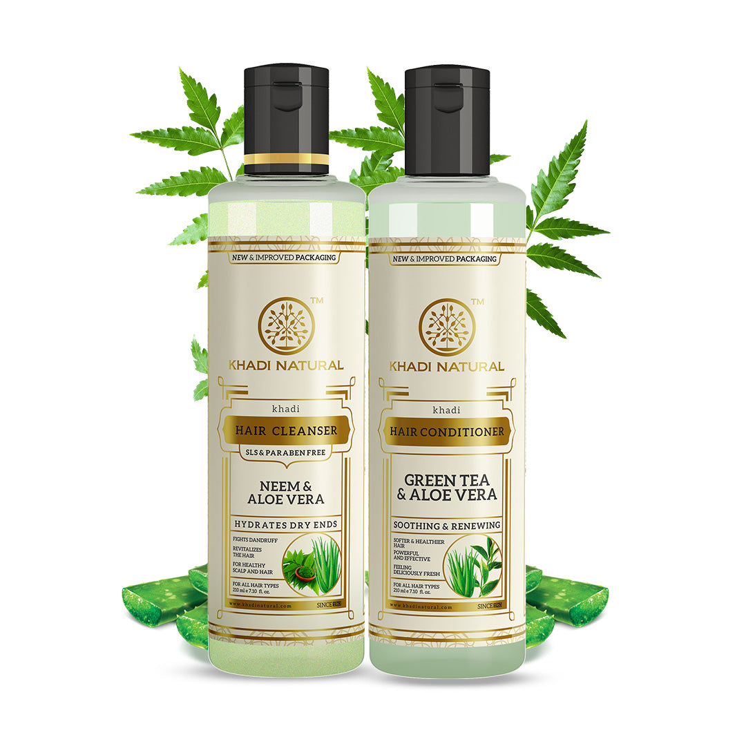 Khadi Natural Anti-Dandruff Pack – Neem & Aloe Vera Hair Cleanser (SLS & Paraben Free) & Green Tea & Aloe Vera Hair Conditioner Combo Pack of 2 – 210ml Each