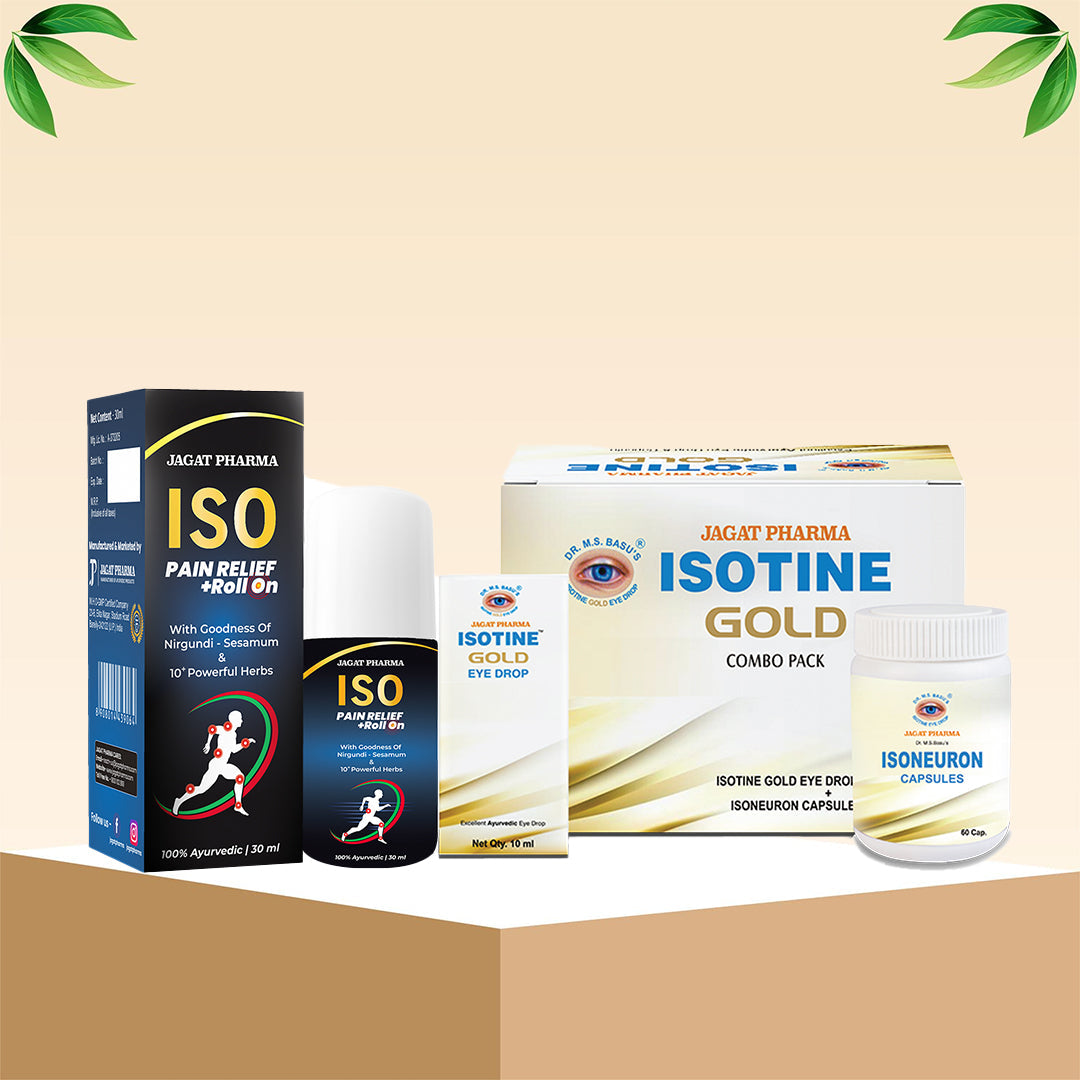 Jagat Pharma Isotine Gold + ISO Pain Relief Roll-On: Eye & Pain Care Combo | Swadesiicart
