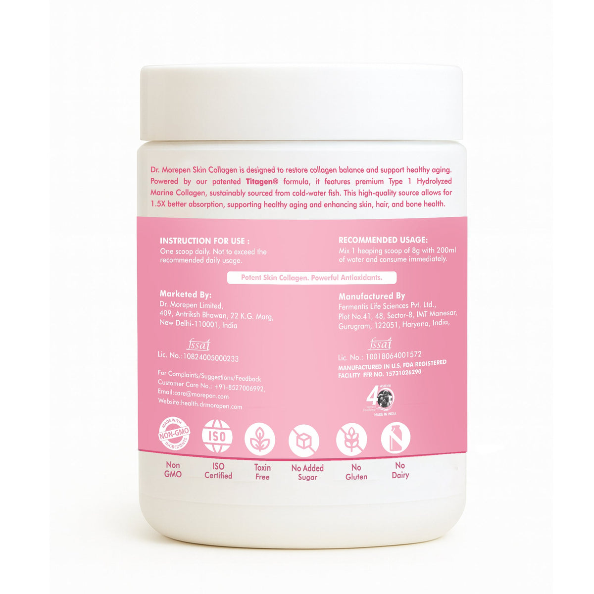 DR. Morepen Skin Collagen Powder with Glutathione, Hyaluronic Acid, Resveratrol &amp; Biotin Strawberry Watermelon Flavour
