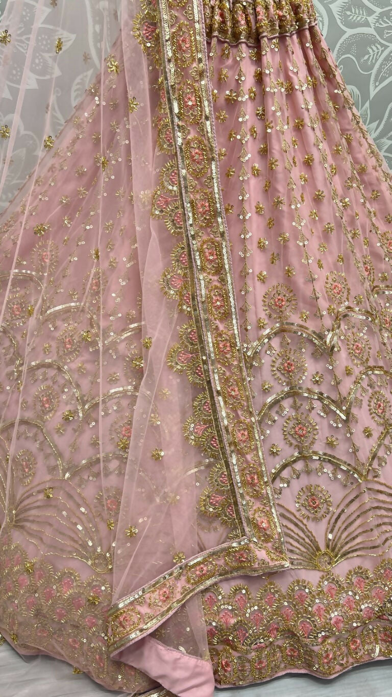 Jyoti Fashion Women's Pink Bridal Net Fancy Sequins with Multi Thread Embroidered & Handwork Wedding Lehenga Choli | Swadesiicart
