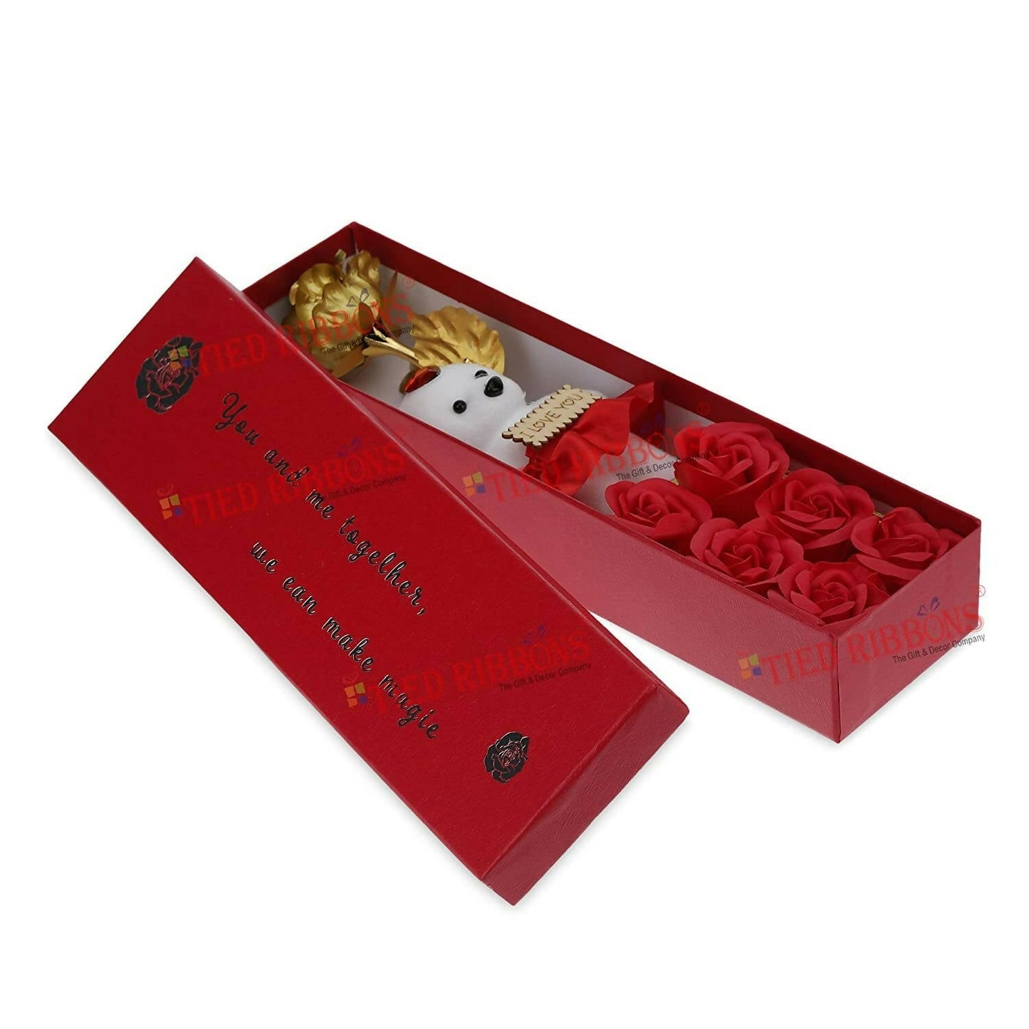 Tied Ribbons Rose Flower Artificial With Teddy - Valentines Day Gift Box | Swadesiicart