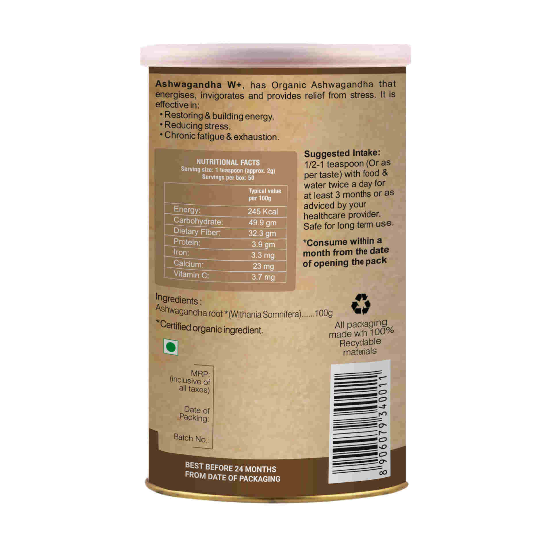 Organic Wellness Ashwagandha W+ - Swadesiicart