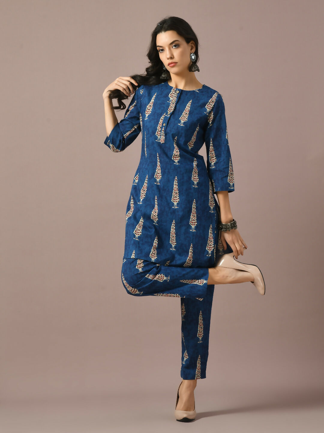 Myshka Women's Blue Printed Cotton Round Neck Party Tunic With Trousers Co-ord set - Swadesiicart