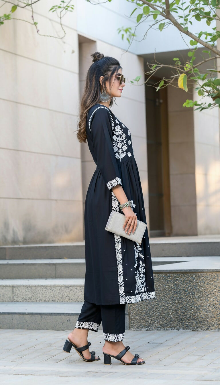 BulBul Arushi Black Rayon Kurta Set with Lucknowi Work - Swadesiicart