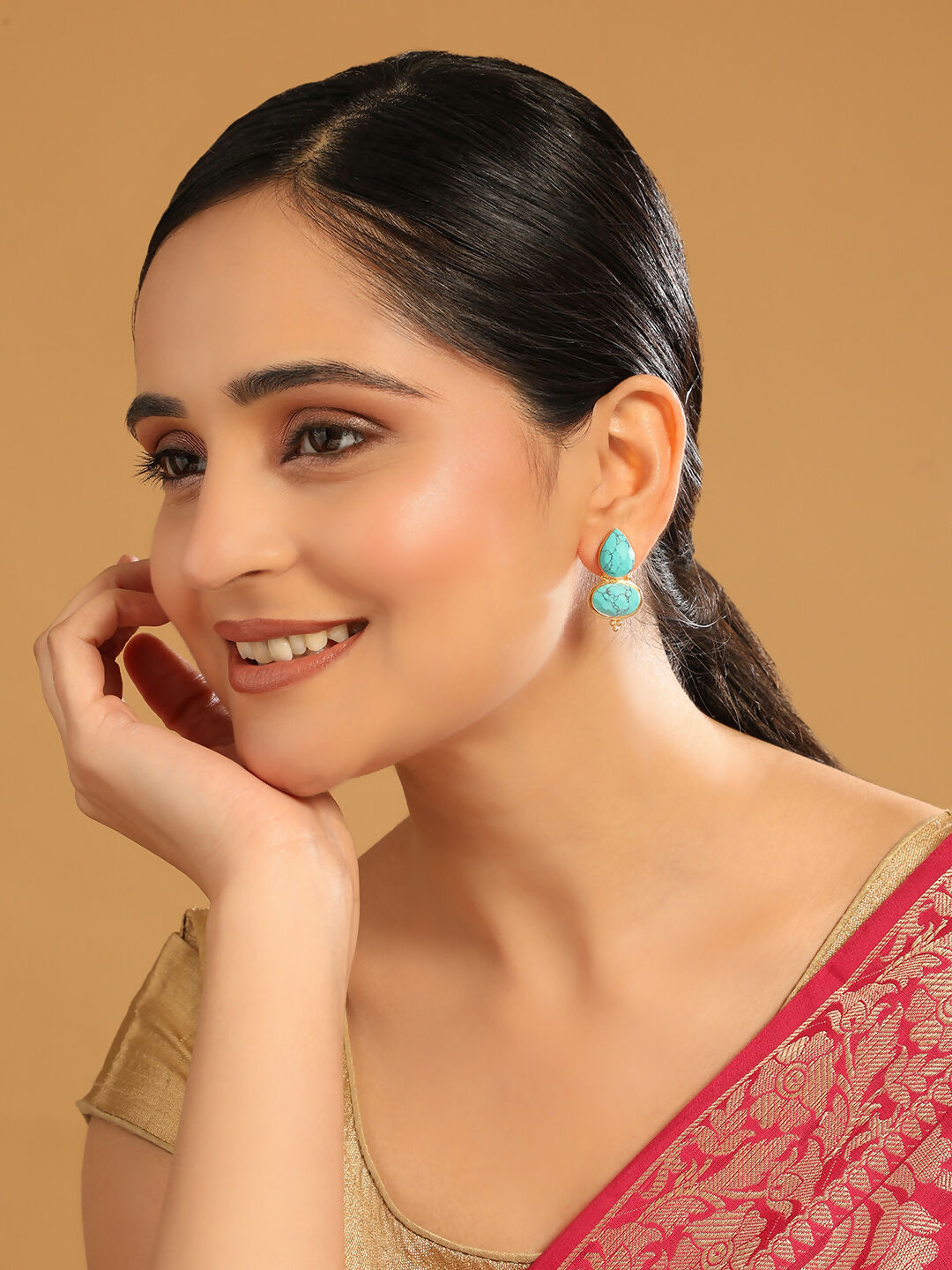 Nuyug 22K Gold Plated Turquoise Embrace Earrings | Swadesiicart