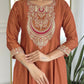 The52 Rust Women's Gorgeous Embroidered Vichitra Silk Fabric Flared Kurta, Pant and Dupatta Set - Swadesiicart
