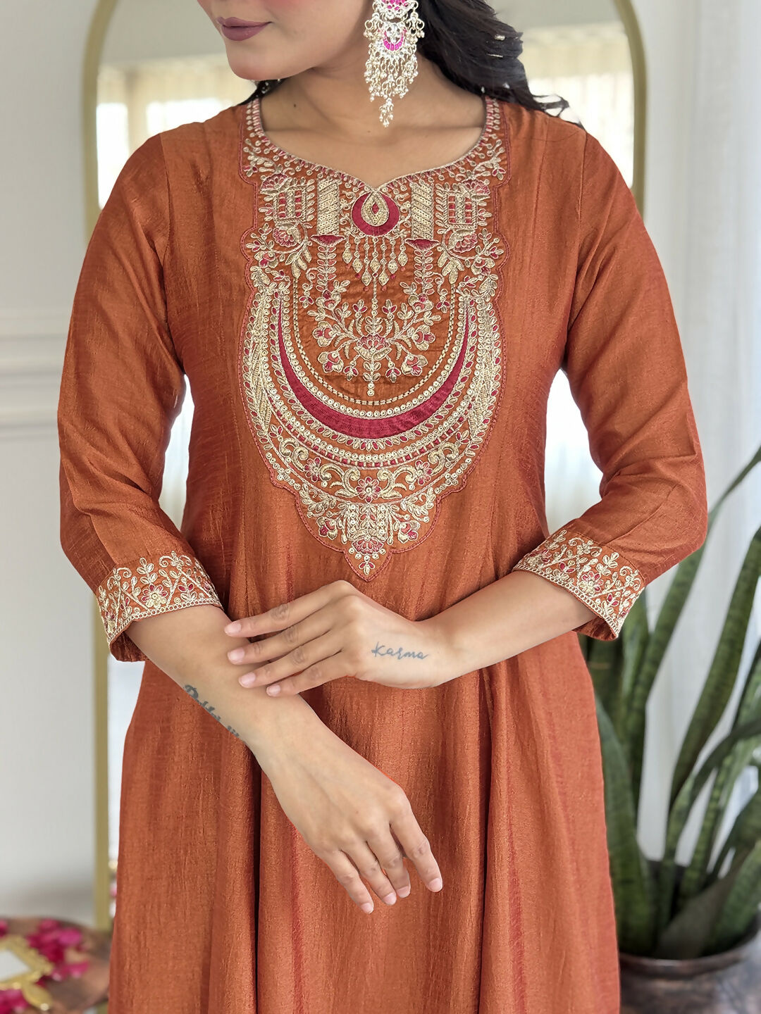 The52 Rust Women's Gorgeous Embroidered Vichitra Silk Fabric Flared Kurta, Pant and Dupatta Set - Swadesiicart