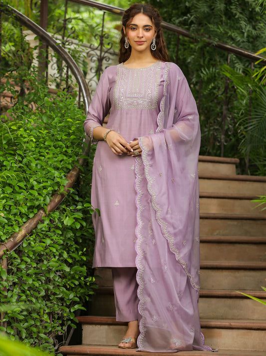 Janasya Lavender Silk Blend Solid Kurta,Bottom & Dupatta | Swadesiicart