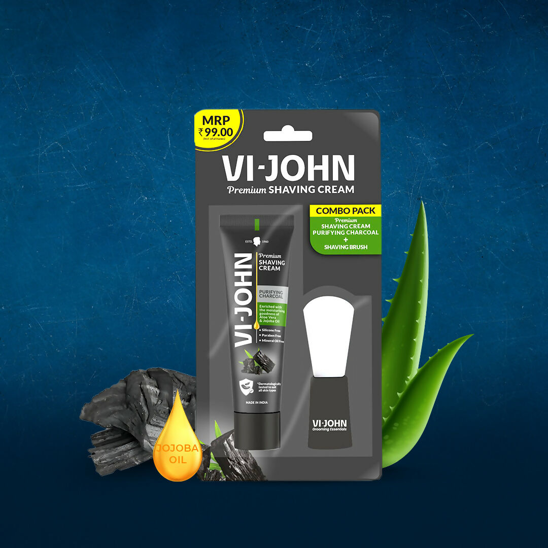 VI-JOHN Dermatologically Tested Premium Claming Aqua Shaving With Shaving Brush Cream Enriched with Aloevera & Almond Oil free From Silicone, Paraben & Mineral Oil | Swadesiicart